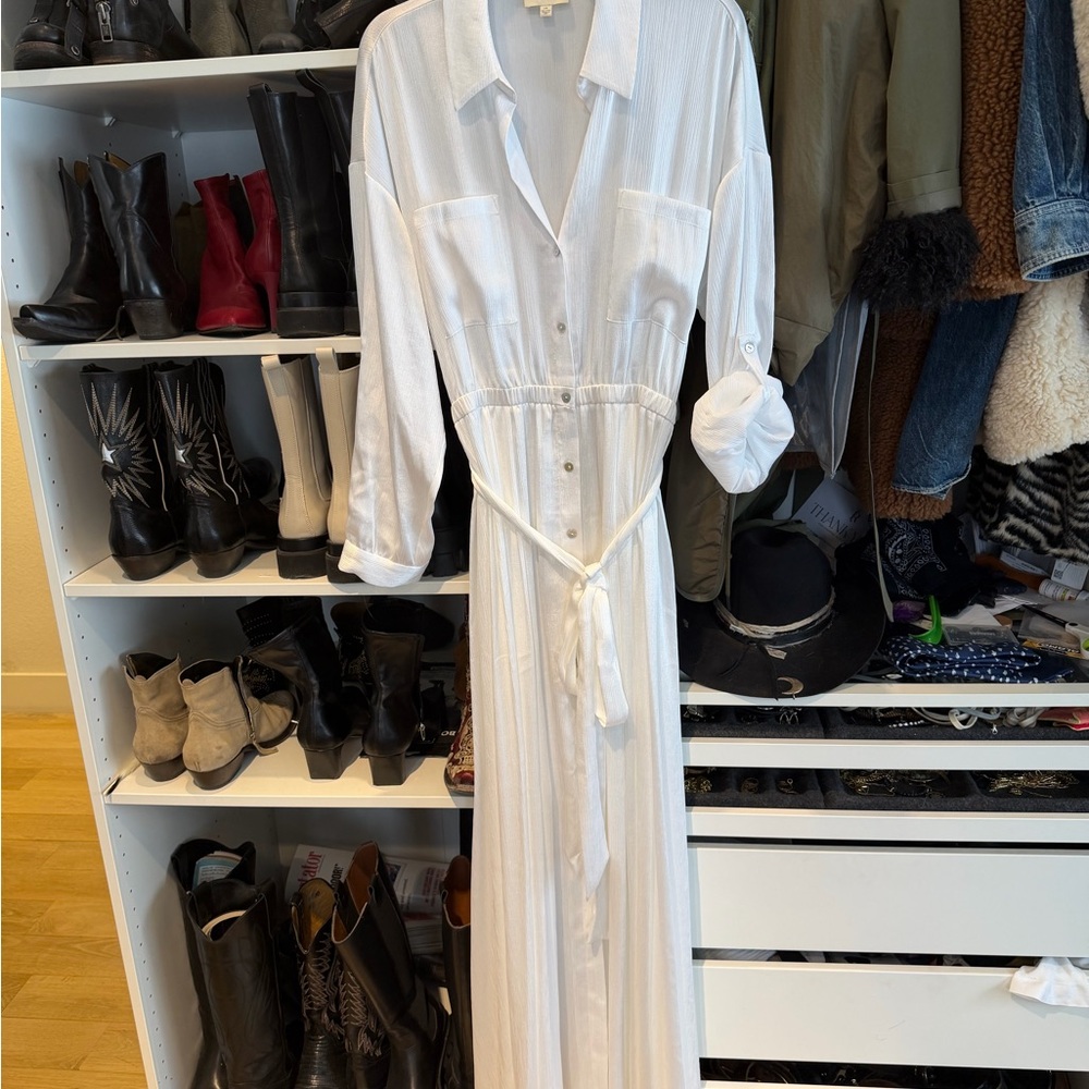 L'AGENCE White Maxi Shirt Dress with Tie Waist